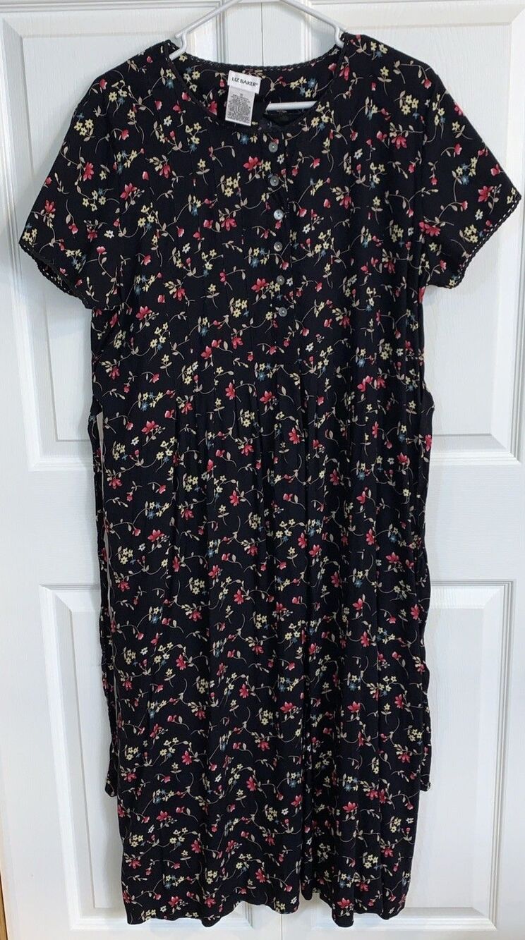 Liz Baker Maxi Dress Women’s 16 Dark Floral Pleated Tie Back MOP Buttons Cottage